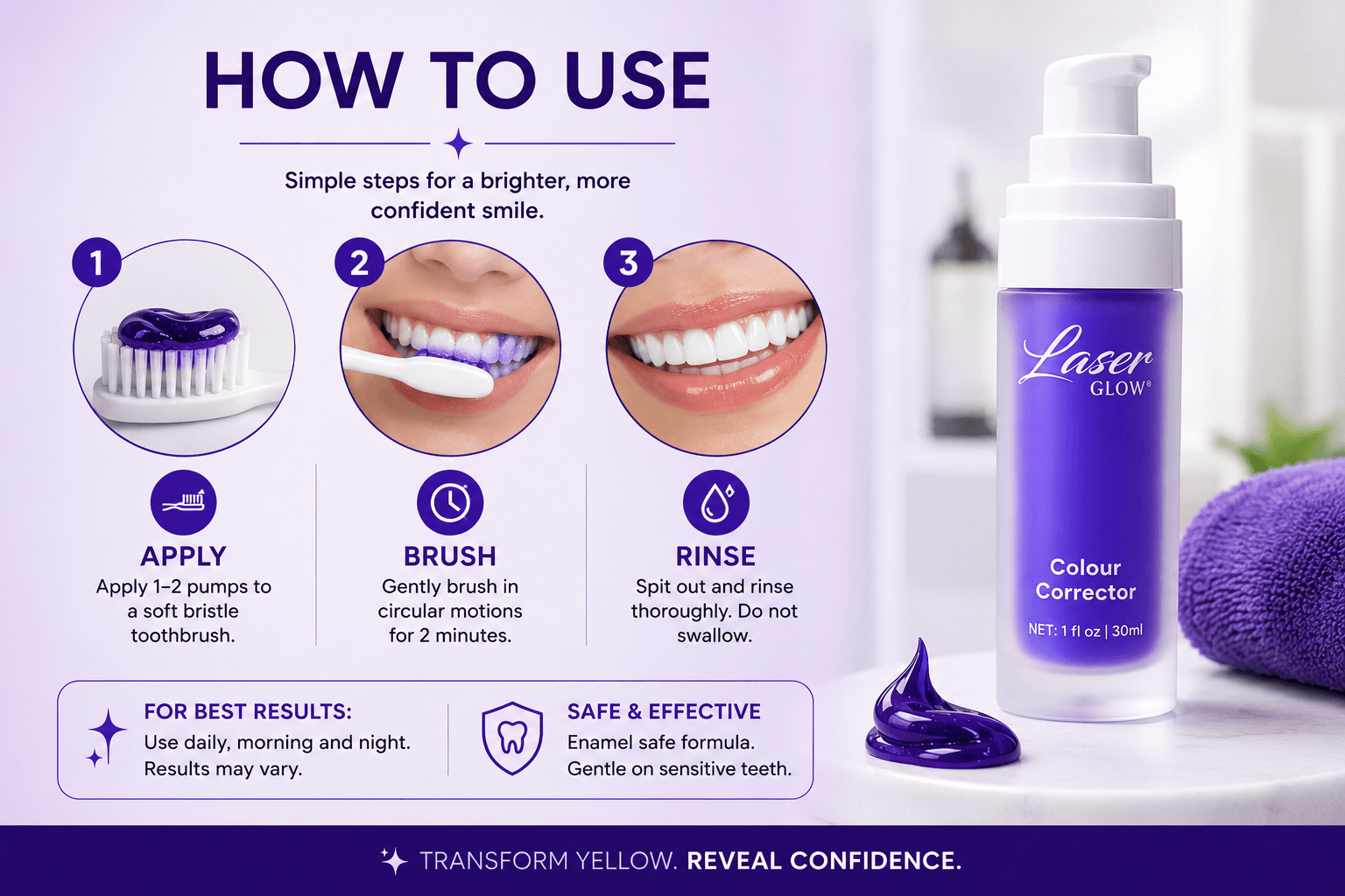 How to use LaserGlow Purple Toothpaste Color Corrector with pump application, brushing, and rinsing steps