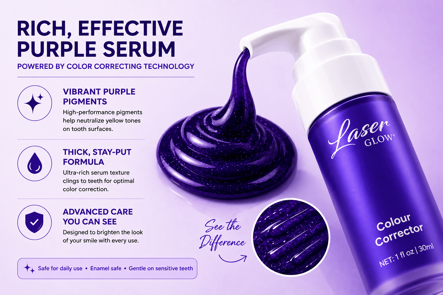 LaserGlow Purple Toothpaste Color Corrector pump bottle with thick dark purple serum texture close-up