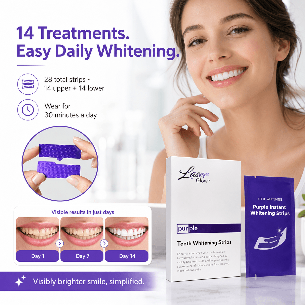 Woman smiling with LaserGlow purple teeth whitening strips product box and sachet showing 28 total strips, 14 treatments, and daily whitening routine