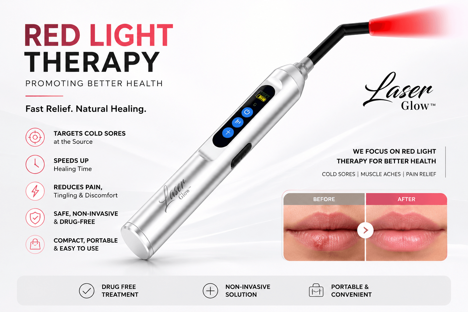 LaserGlow red light therapy cold sore device with portable handheld applicator for targeted lip care, drug-free treatment support, and non-invasive at-home use