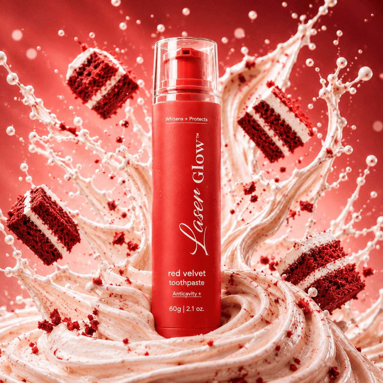 LaserGlow red velvet fluoride toothpaste with cream splash and red velvet cake pieces for whitening and daily cavity protection