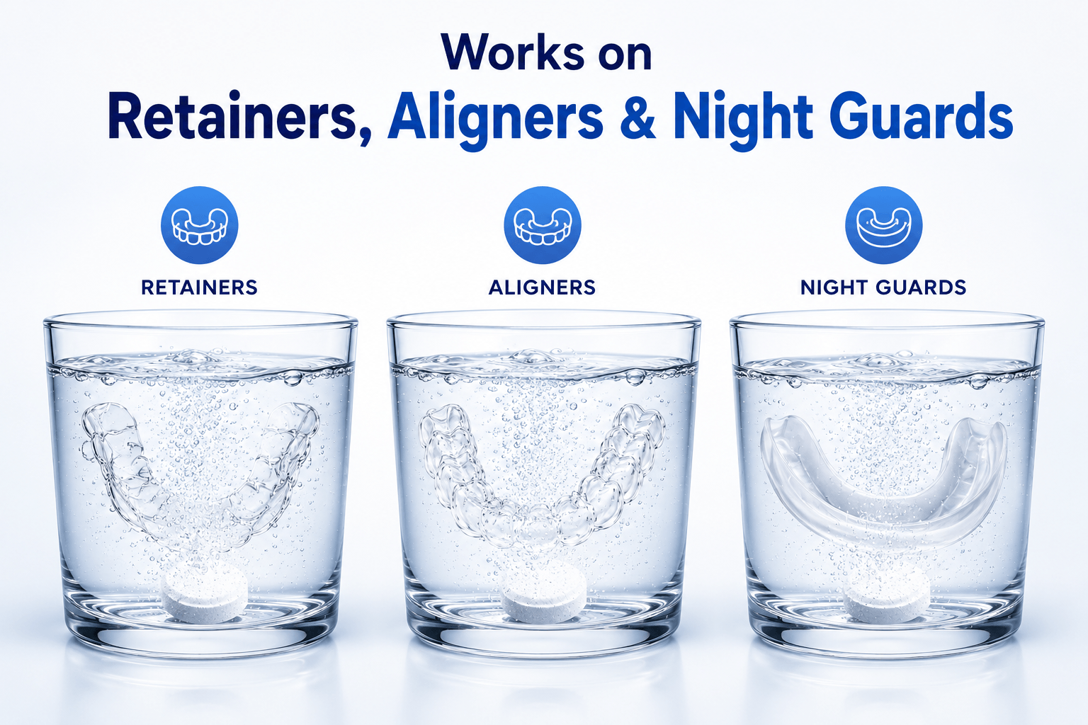 Retainer cleaner tablets for Invisalign aligners, dental retainers, and night guards with effervescent cleaning action by LaserGlow.