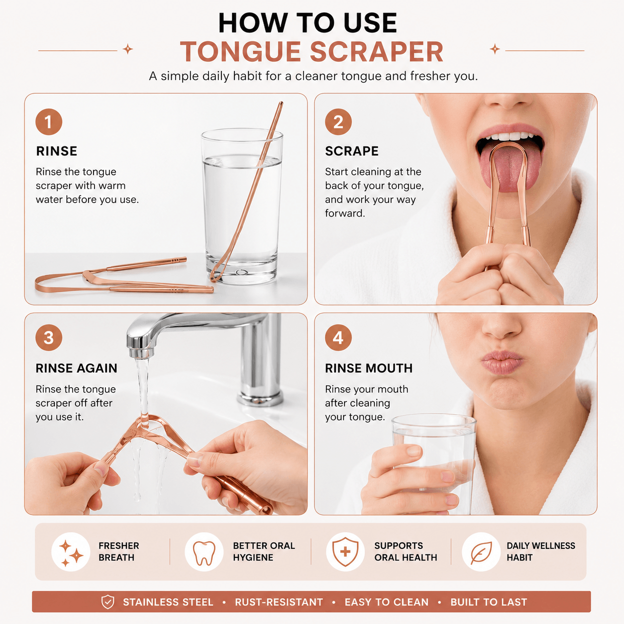LaserGlow rose gold tongue scraper how-to-use infographic showing rinsing, scraping, cleaning the scraper, and rinsing mouth for daily oral hygiene