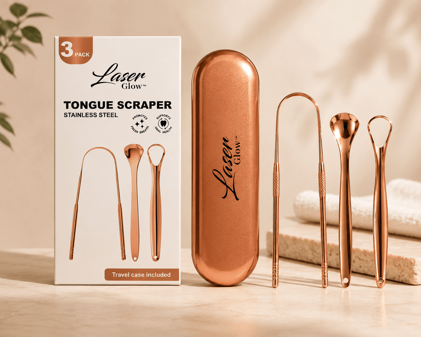 LaserGlow 3 piece rose gold stainless steel tongue scraper set with travel case on a luxury spa-style background
