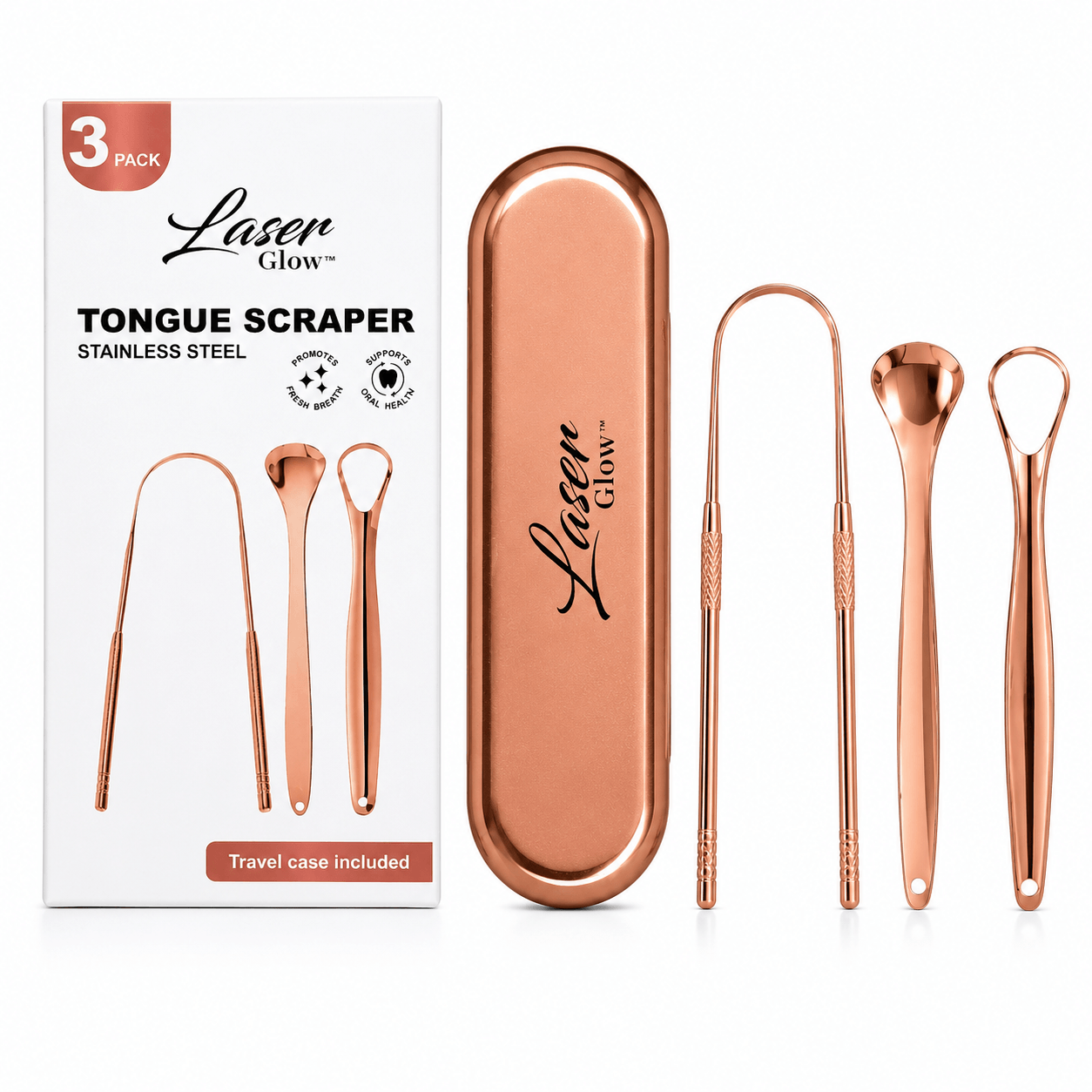 LaserGlow 3 piece rose gold stainless steel tongue scraper set with travel case and box on white background