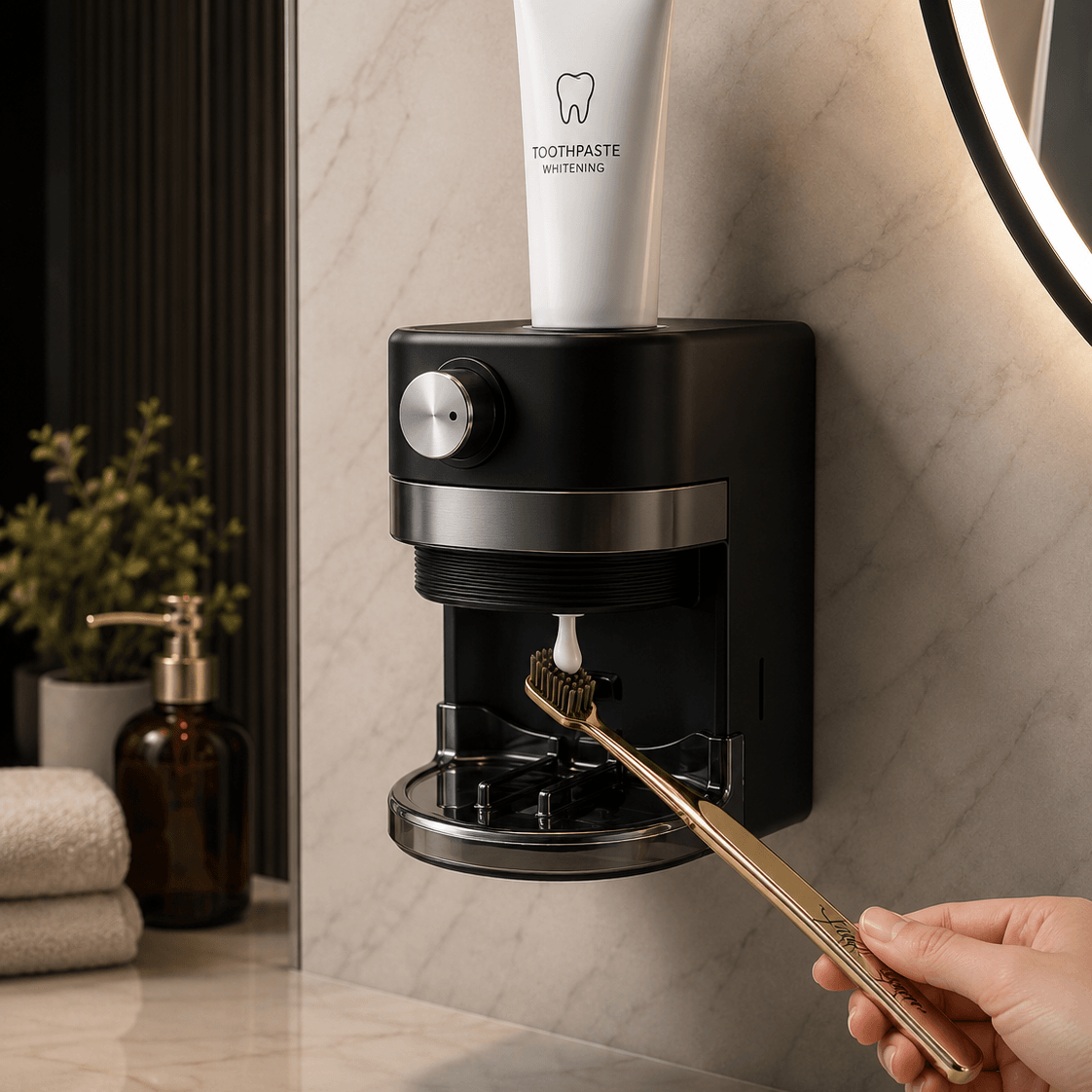LaserGlow satin black automatic toothpaste dispenser with gold toothbrush, touch-free toothpaste dispensing, rechargeable battery, and luxury bathroom design