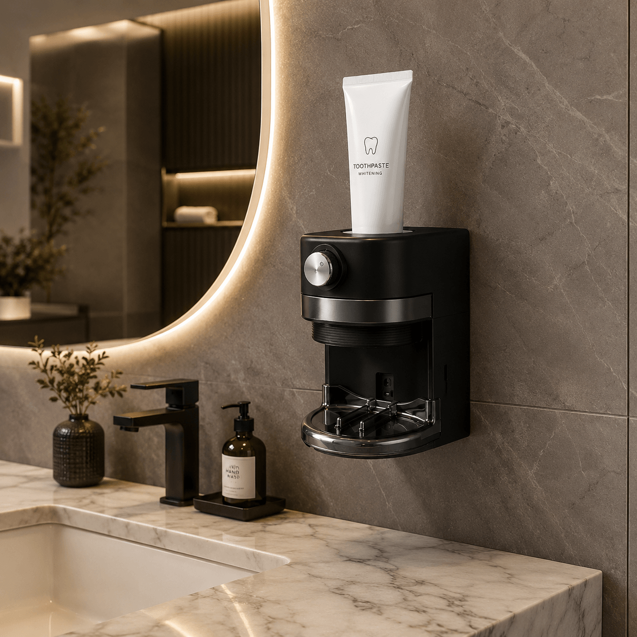 LaserGlow satin black automatic toothpaste dispenser mounted in a luxury bathroom with marble countertop, LED mirror, touch-free dispensing, and rechargeable design
