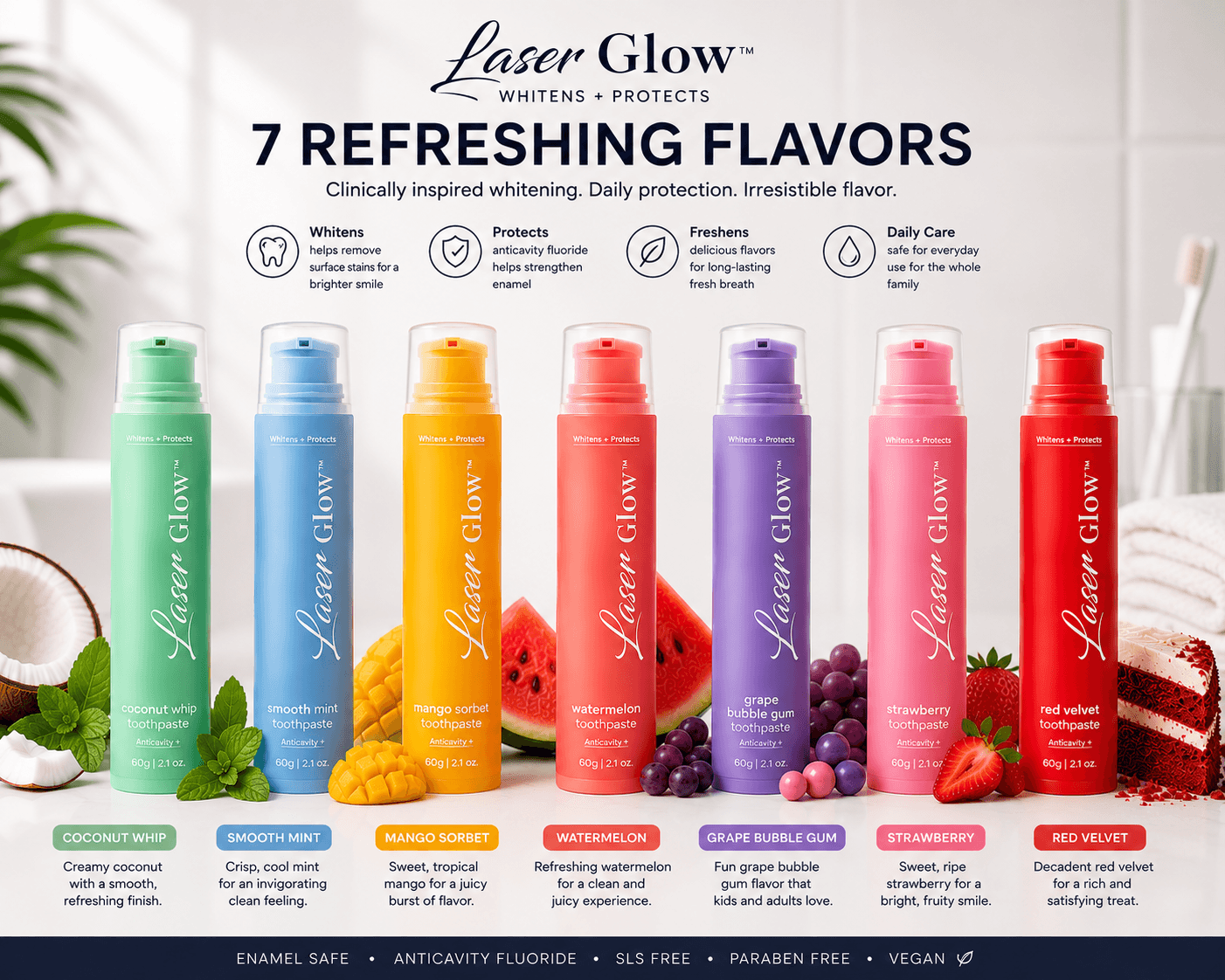 LaserGlow seven flavor whitening toothpaste collection with flavor descriptions and whitening, protection, fresh breath, and daily care benefits