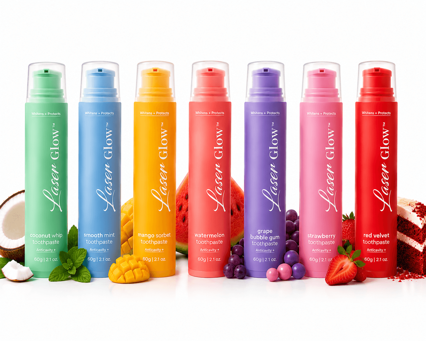 LaserGlow seven flavor whitening toothpaste collection with coconut whip, smooth mint, mango sorbet, watermelon, grape bubble gum, strawberry, and red velvet