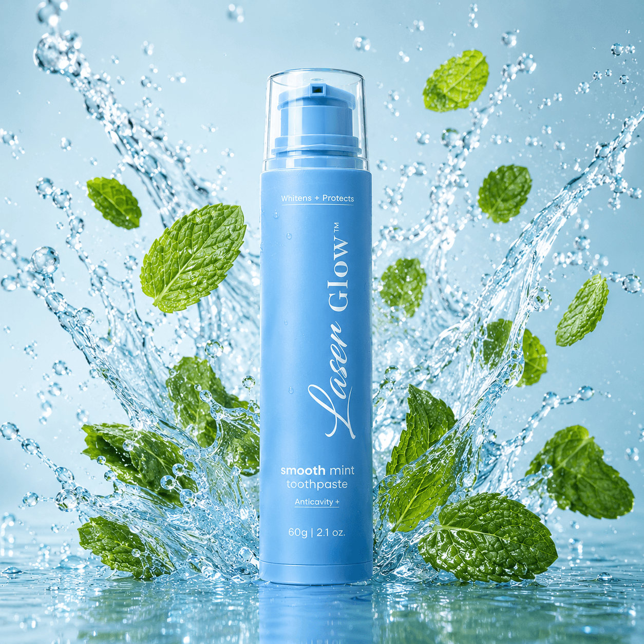LaserGlow smooth mint fluoride toothpaste with fresh mint leaves and cool water splash for whitening and daily cavity protection