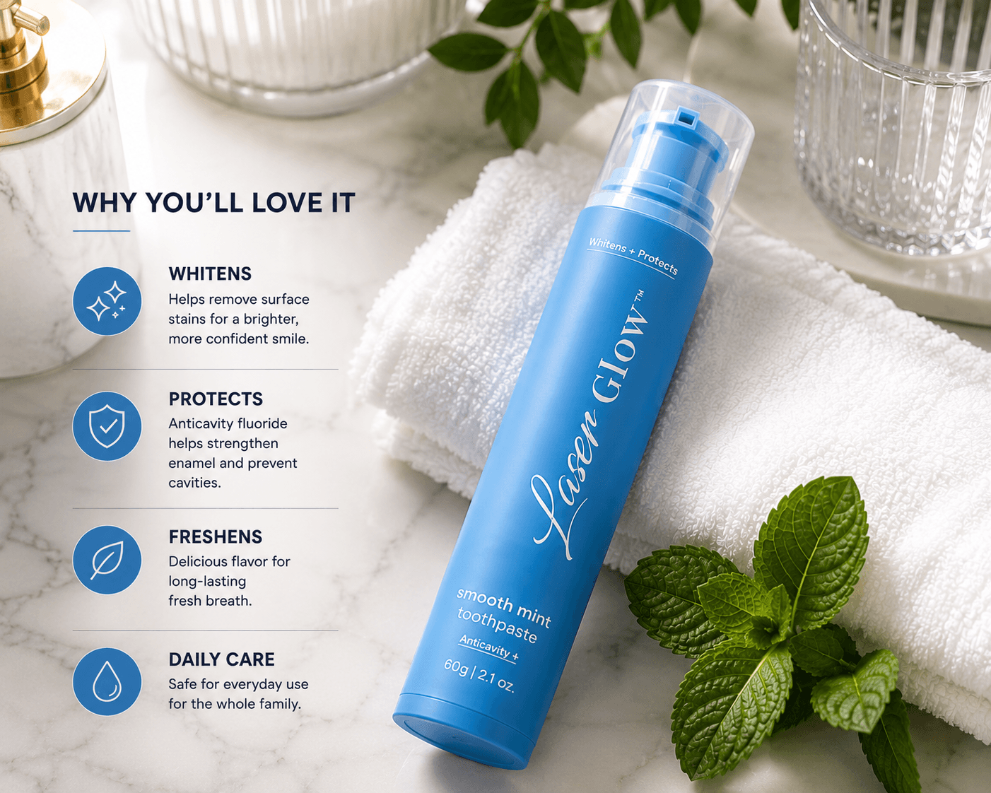 LaserGlow Smooth Mint whitening toothpaste lifestyle image with benefits for whitening, enamel protection, fresh breath, and daily care