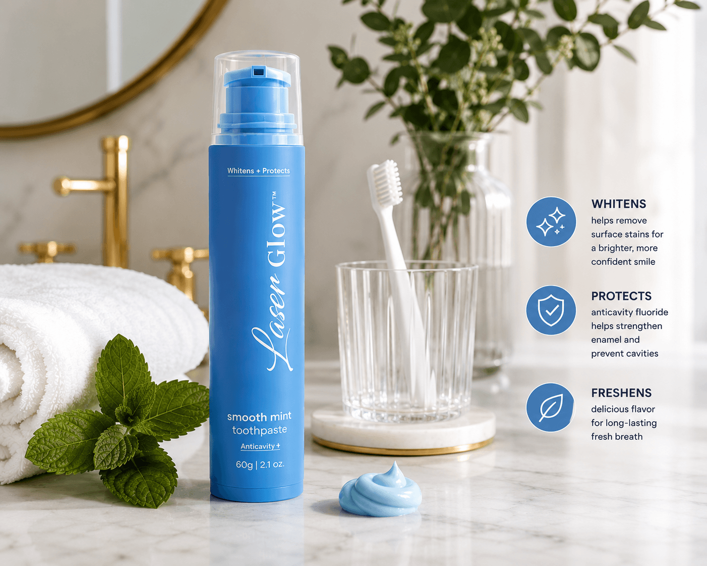LaserGlow Smooth Mint whitening toothpaste on a luxury bathroom vanity with mint leaves and oral care benefit icons