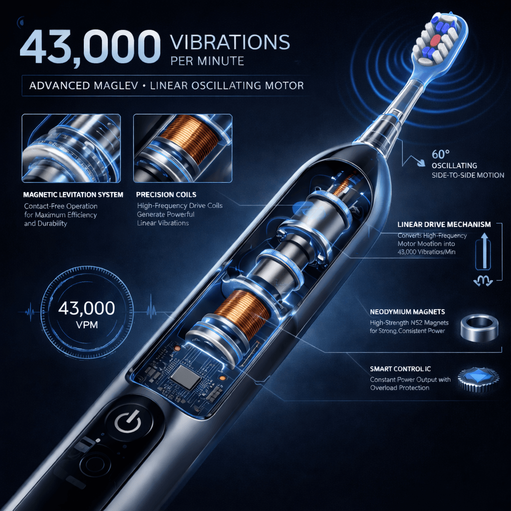 LaserGlow sonic electric toothbrush cutaway showing internal motor design, precision coils, magnetic drive system, and 43,000 vibrations per minute technology