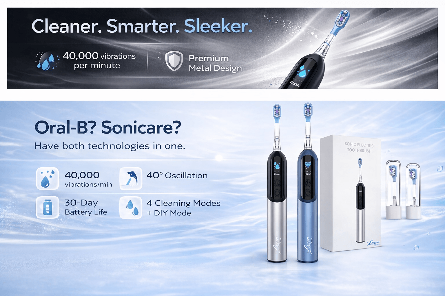 LaserGlow Sonic Electric Toothbrush hero banner with premium metal design, smart brushing features, and replacement brush heads.