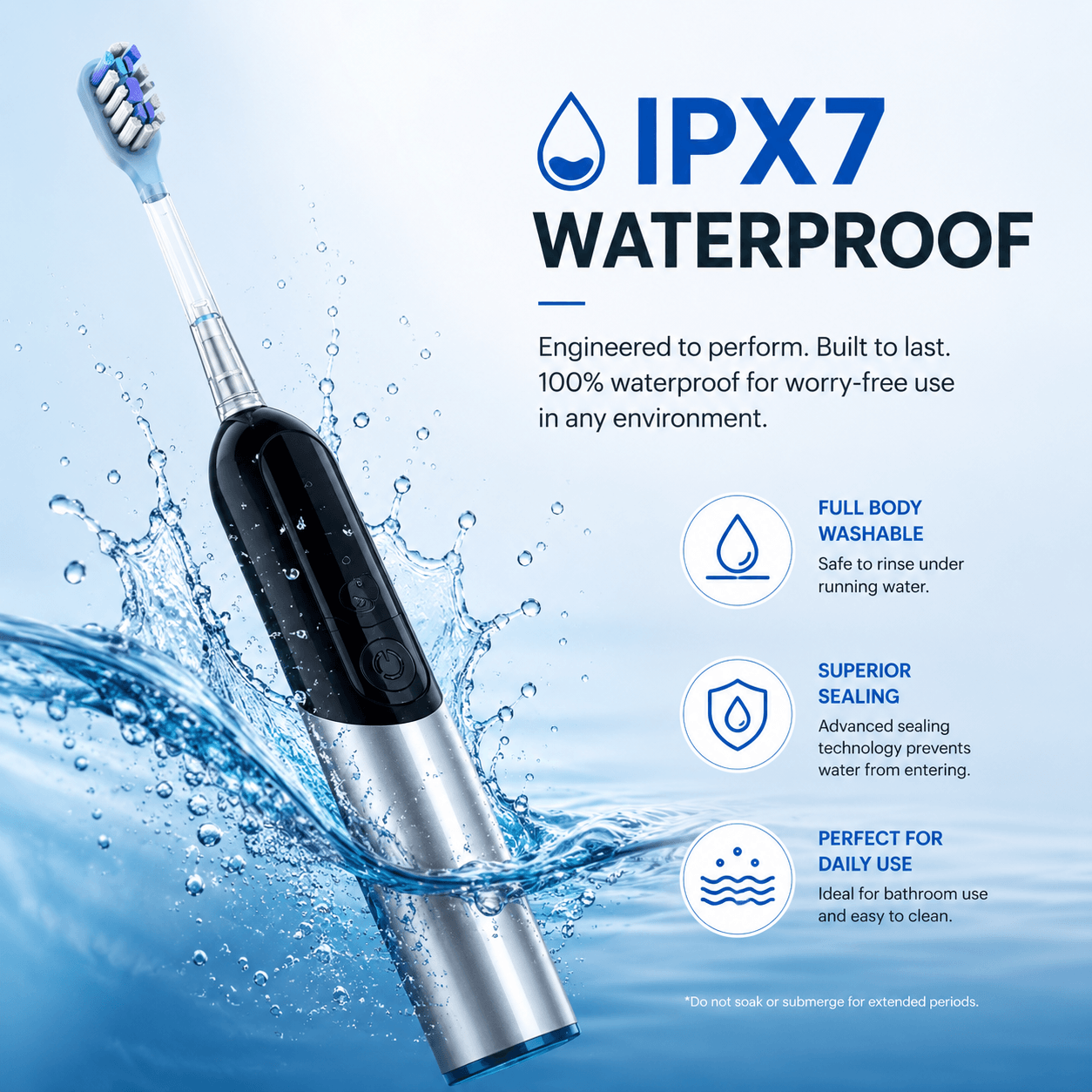 LaserGlow Sonic Electric Toothbrush IPX7 waterproof gallery image showing full body washable design, superior sealing, and safe daily bathroom use.