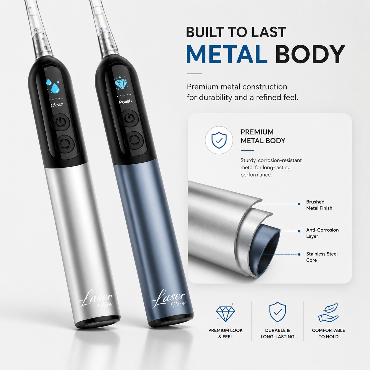 LaserGlow Sonic Electric Toothbrush silver and steel blue metal body feature image with premium brushed finish, durable construction, and comfortable ergonomic handle.