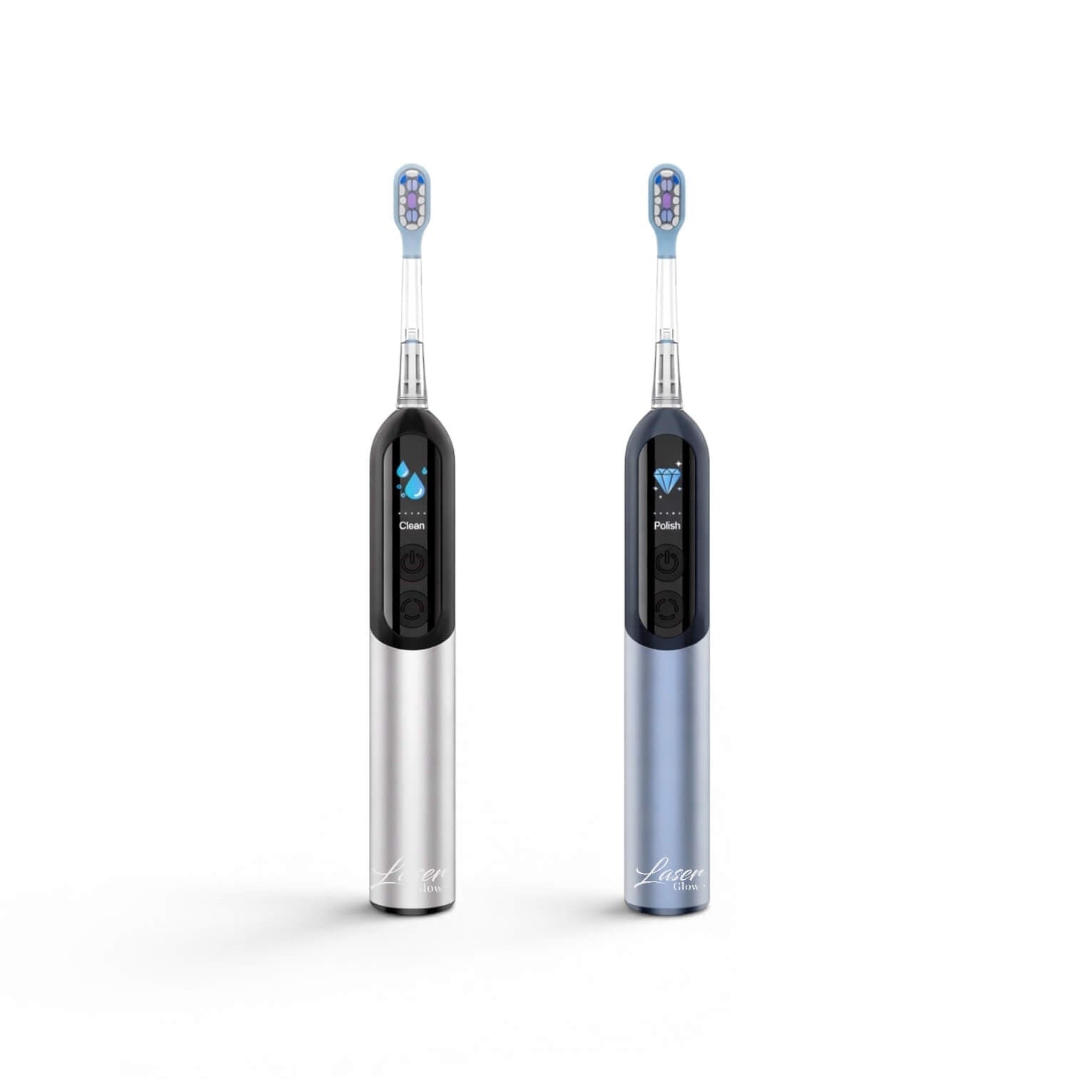 LaserGlow sonic electric toothbrush available in metal silver and blue with 43,000 vibrations per minute, 60 degree oscillation, soft bristles, and USB rechargeable design.