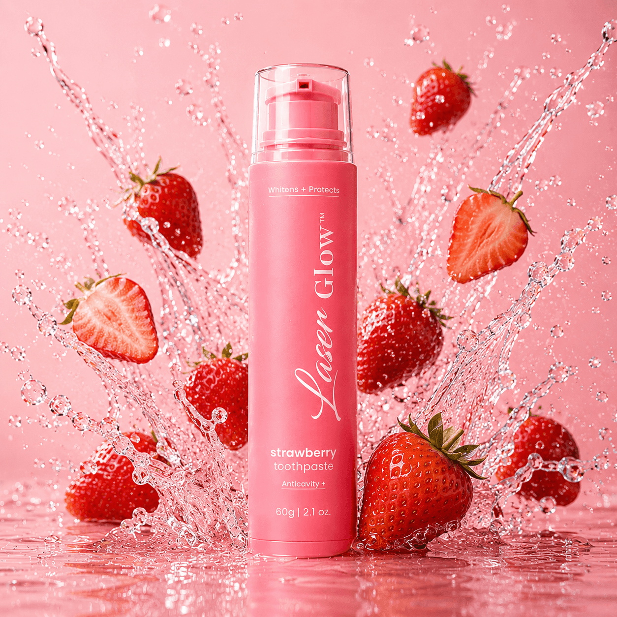 LaserGlow Strawberry whitening toothpaste with fresh strawberries and water splash on a pink background