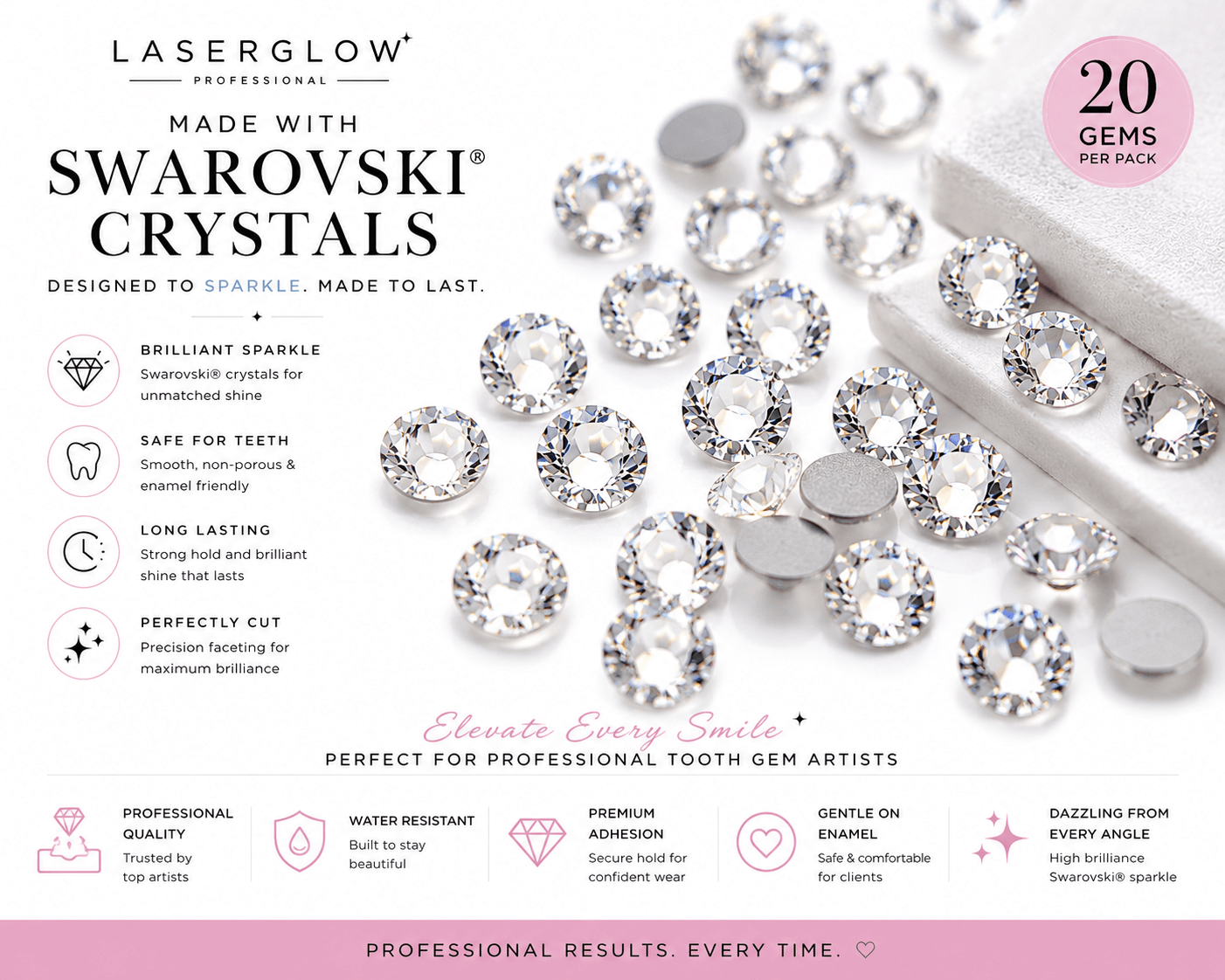 LaserGlow Swarovski crystal tooth gems 20 pack with clear, shimmer, light pink, turquoise, blue, champagne, yellow, and green color options