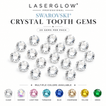 LaserGlow Swarovski crystal tooth gems 20 pack with clear, shimmer, light pink, turquoise, blue, champagne, yellow, and green color options