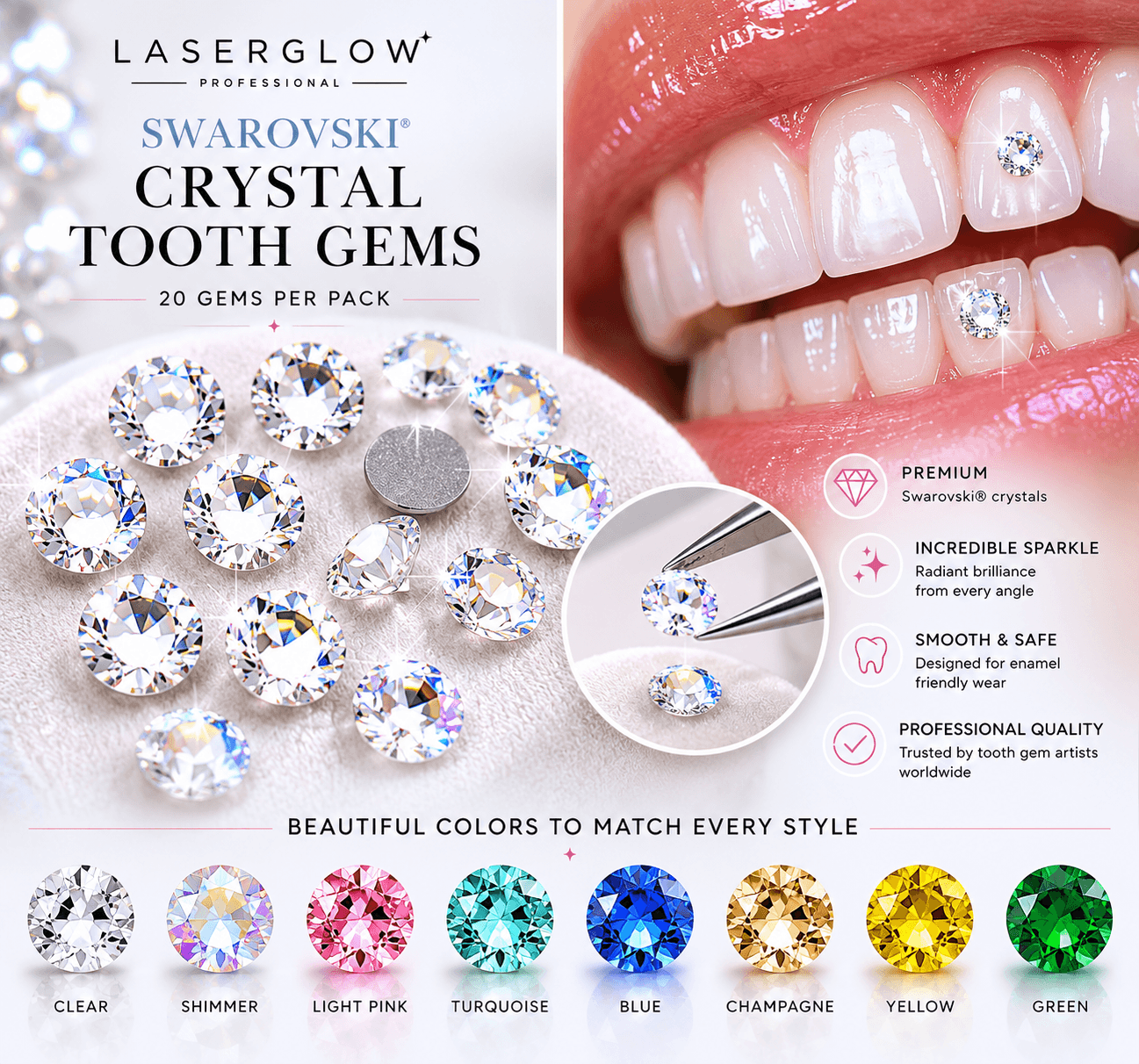LaserGlow Swarovski crystal tooth gems shown on teeth with clear, shimmer, light pink, turquoise, blue, champagne, yellow, and green color options