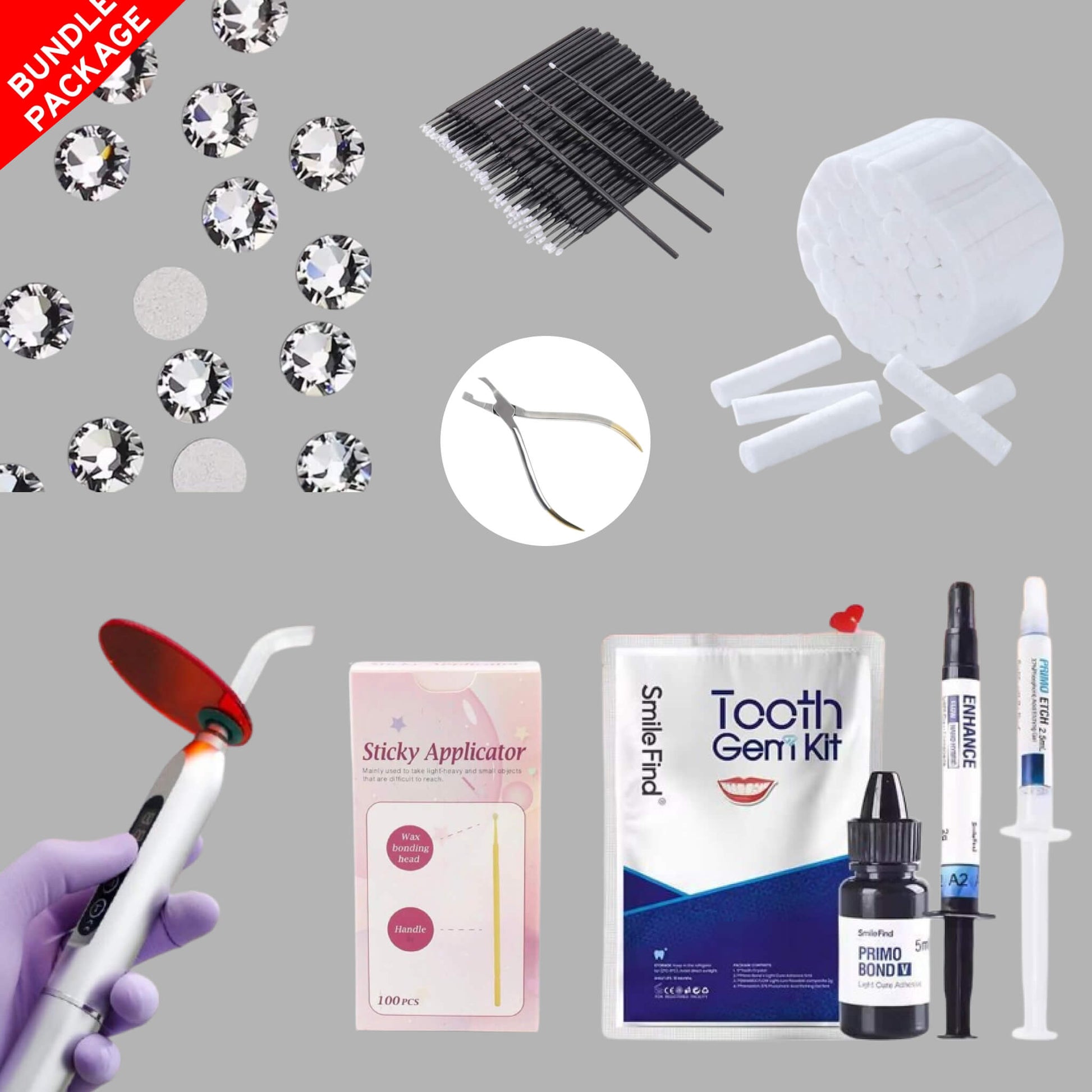 LaserGlow Swarovski tooth gem starter kit bundle with LED curing light, tools, and crystals