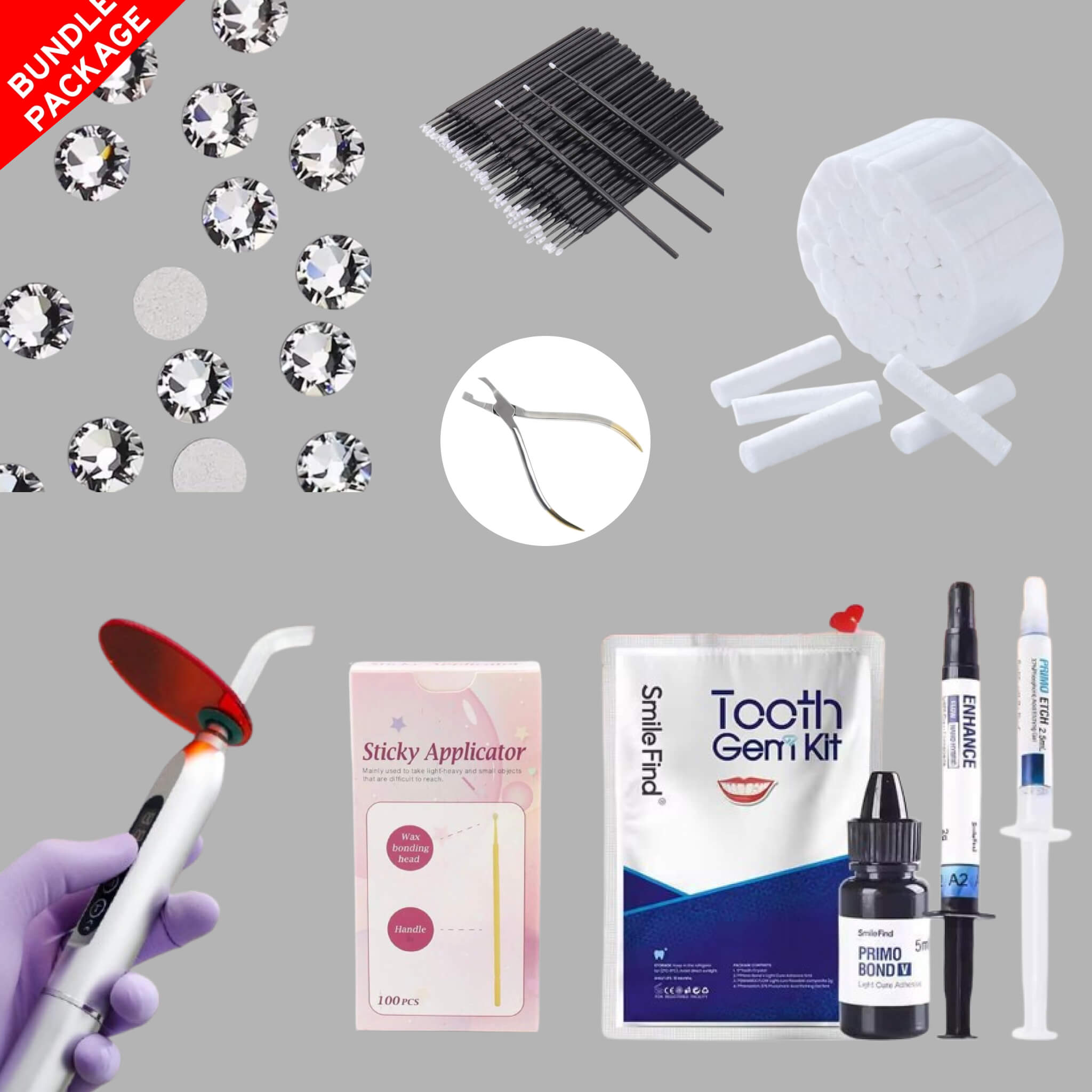 LaserGlow Swarovski tooth gem starter kit bundle with LED curing light, tools, and crystals