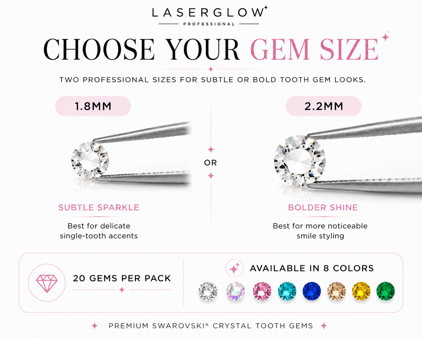 LaserGlow Swarovski tooth gems available in 1.8mm and 2.2mm sizes with 20 gems per pack for professional tooth gem application