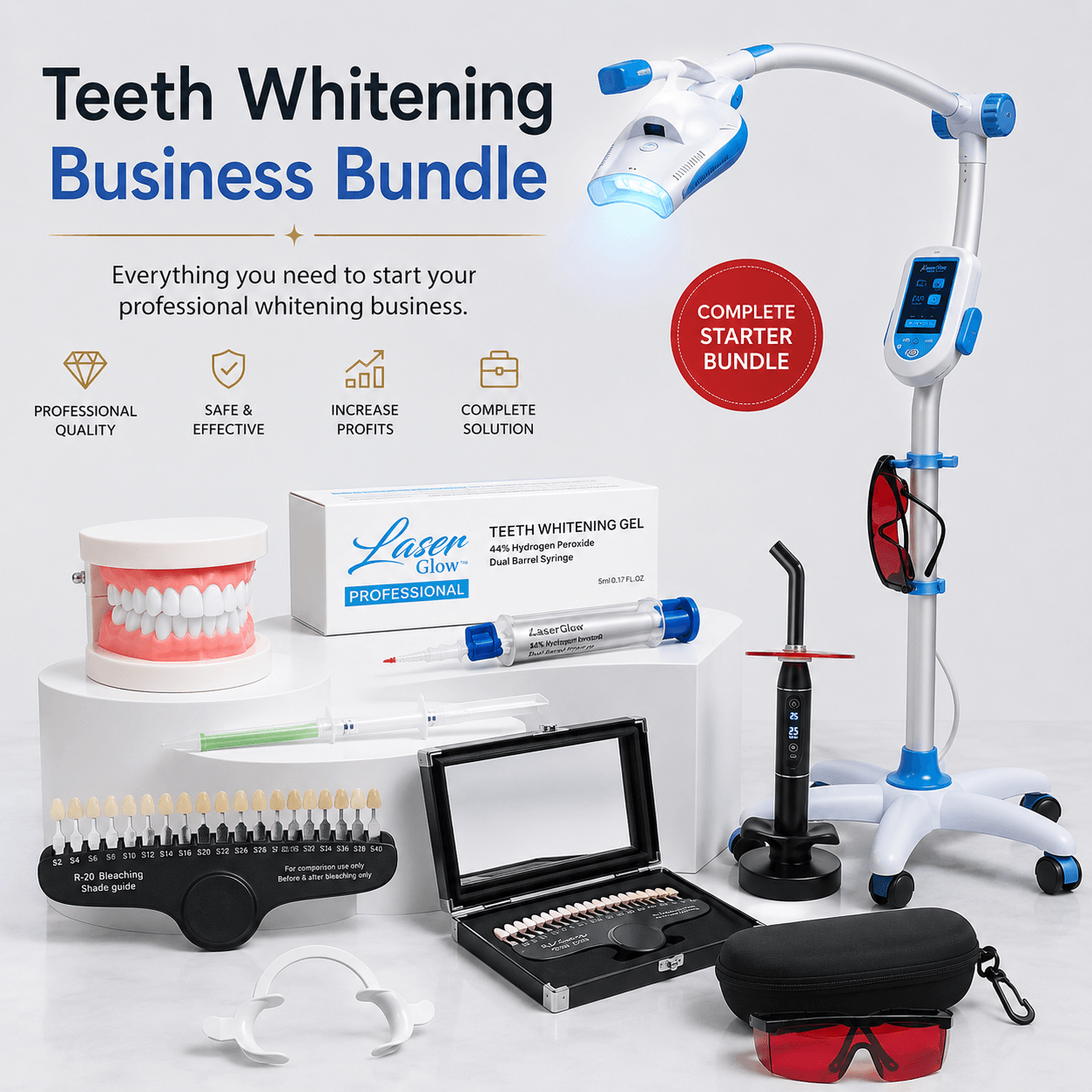 LaserGlow Teeth Whitening Business Bundle professional starter kit with LED whitening machine, whitening gels, shade guide, dental model, cheek retractors, curing light, safety glasses, and whitening accessories