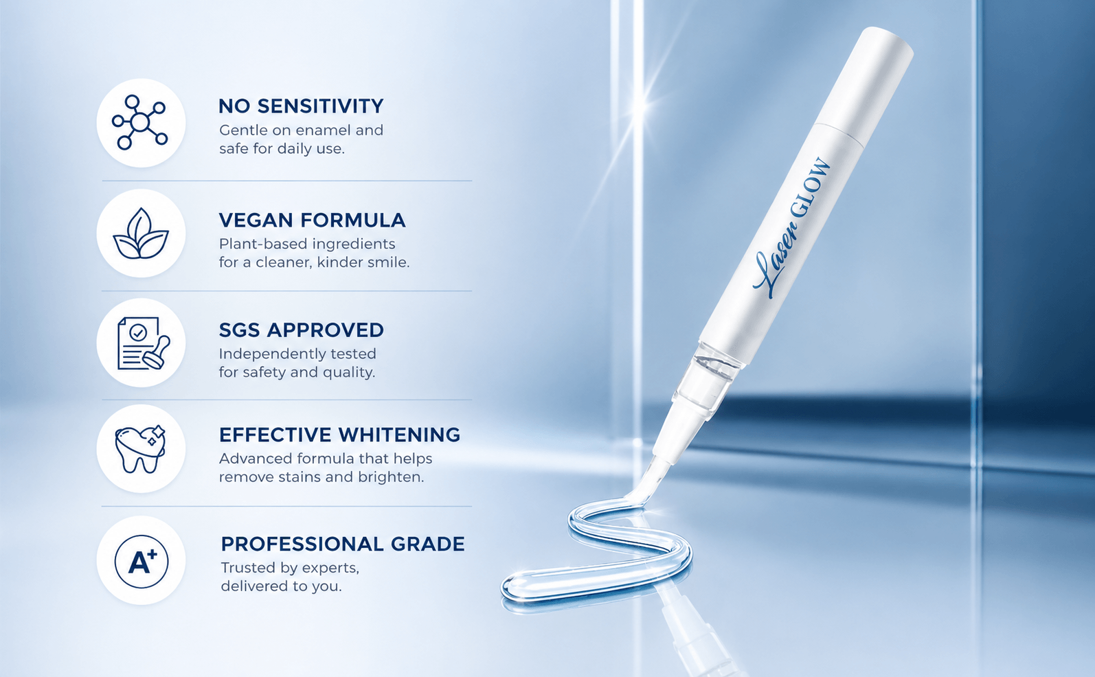 LaserGlow teeth whitening gel pen with no sensitivity, vegan formula, SGS approved testing, effective whitening, and professional grade benefits.