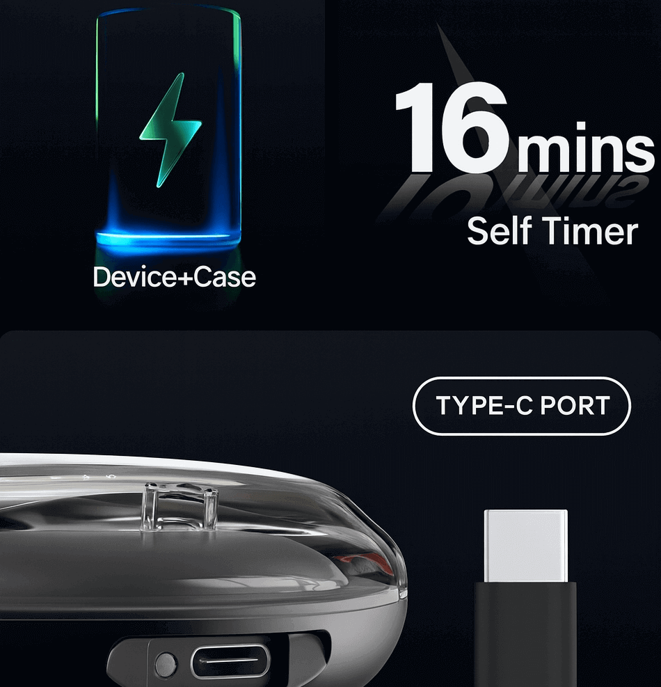 Portable LaserGlow LED teeth whitening device with ultra-strong battery, USB-C charging port, and smart 16-minute auto timer