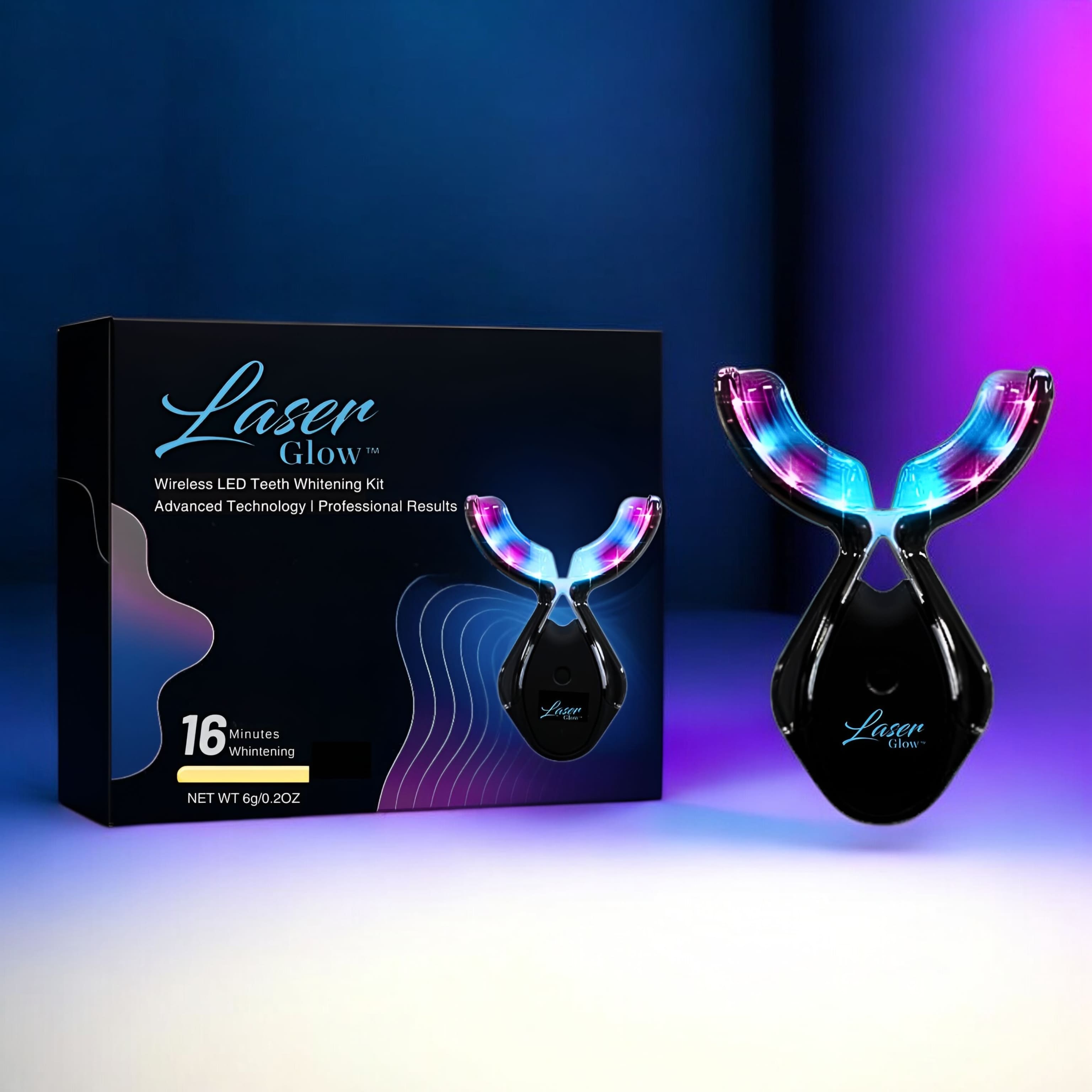 LaserGlow professional teeth whitening kit with LED light accelerator, showing all components for at-home use.