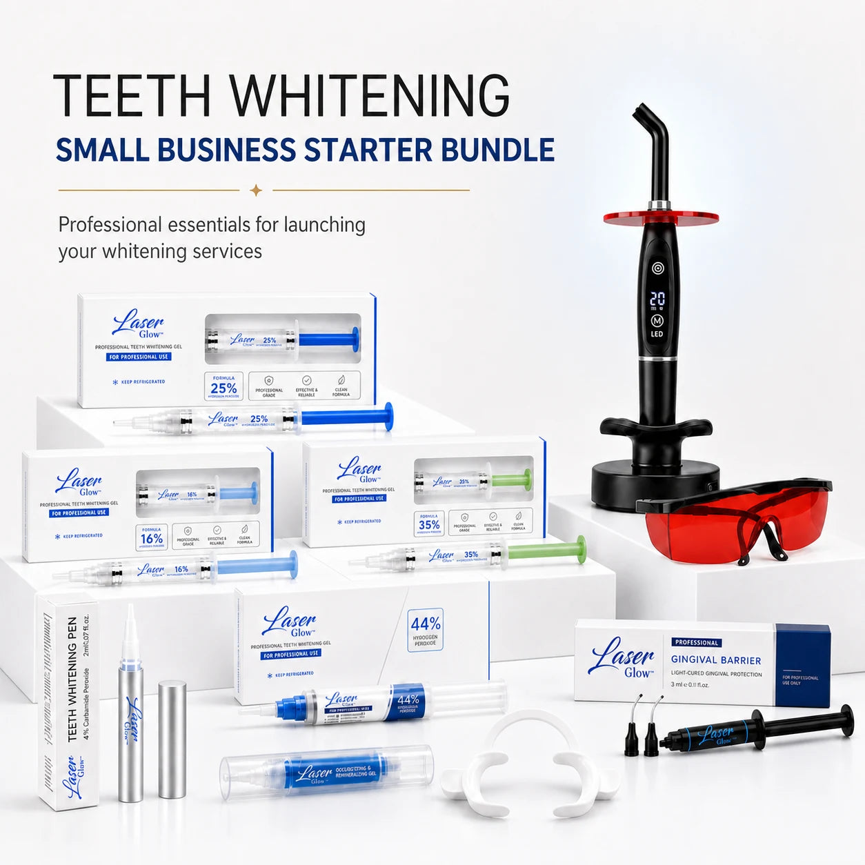 Teeth whitening starter kit with LED curing light and professional gels for estheticians, med spas and salons