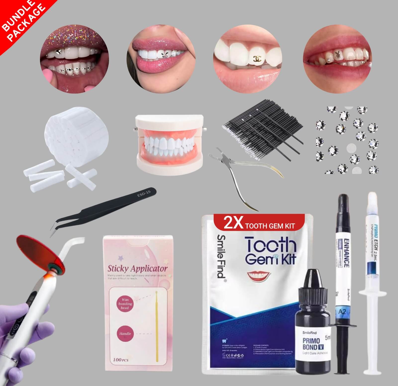 LaserGlow Tooth Gem Bundle Pro complete kit with premium gems, adhesive, tools, and accessories