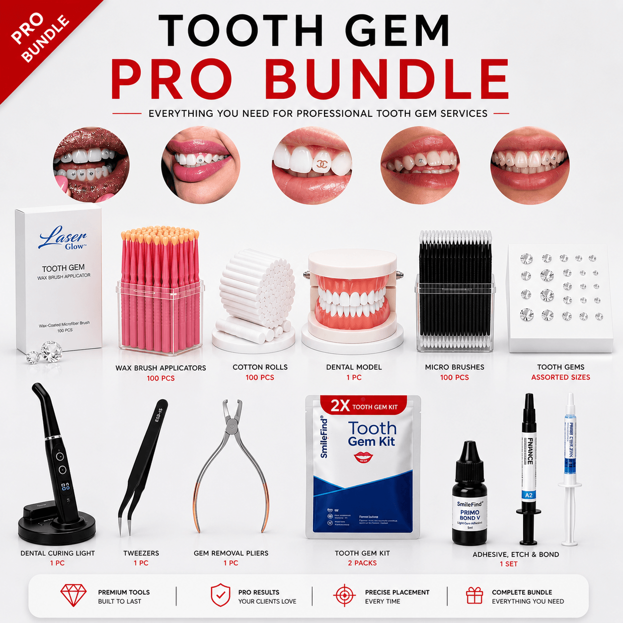 LaserGlow Tooth Gem Pro Bundle professional starter kit with curing light, tooth gems, adhesive, etch, bond, wax brush applicators, micro brushes, cotton rolls, tweezers, dental model, and gem removal pliers