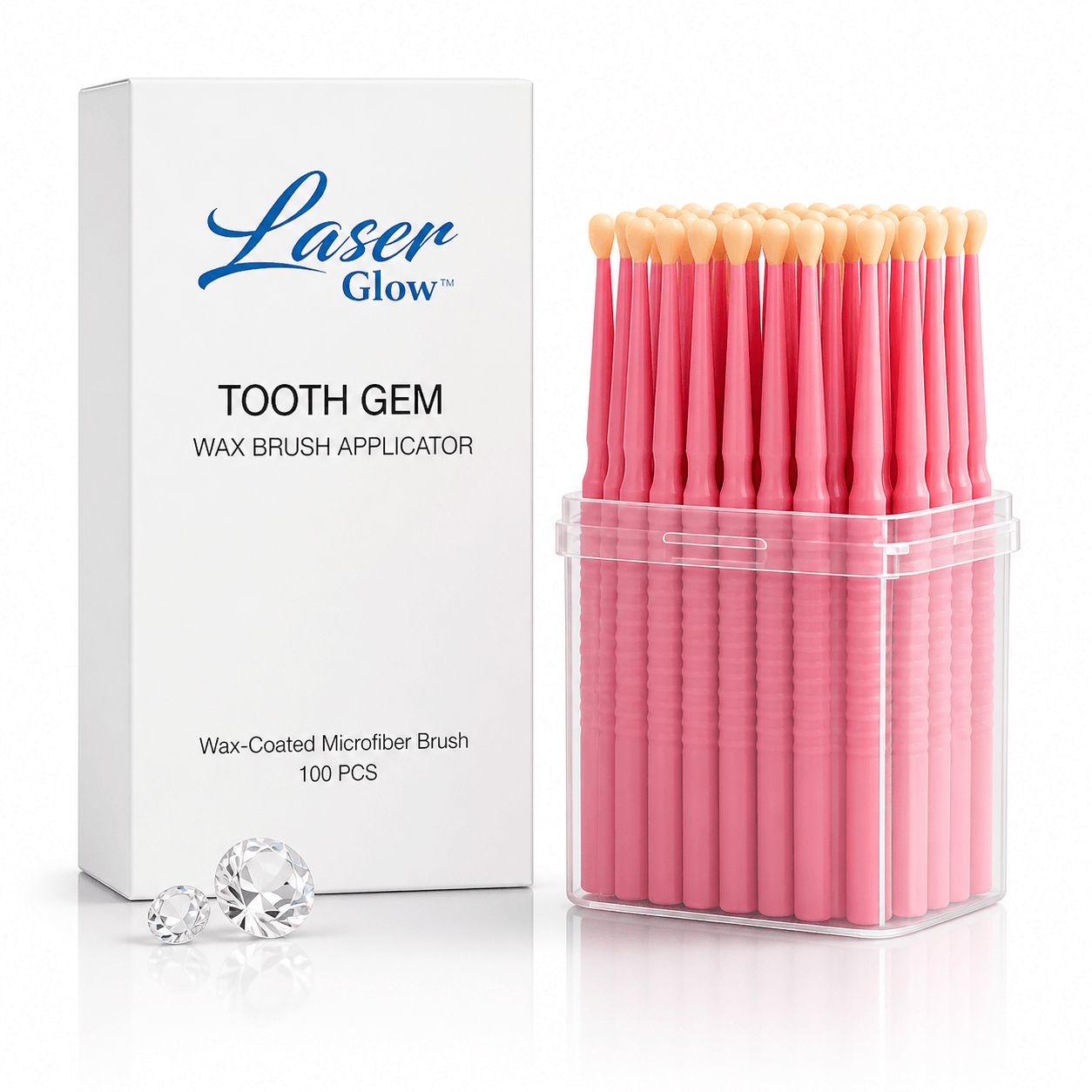 LaserGlow Tooth Gem Wax Brush Applicator 100 pcs with pink wax-coated microfiber brushes for professional tooth gem placement