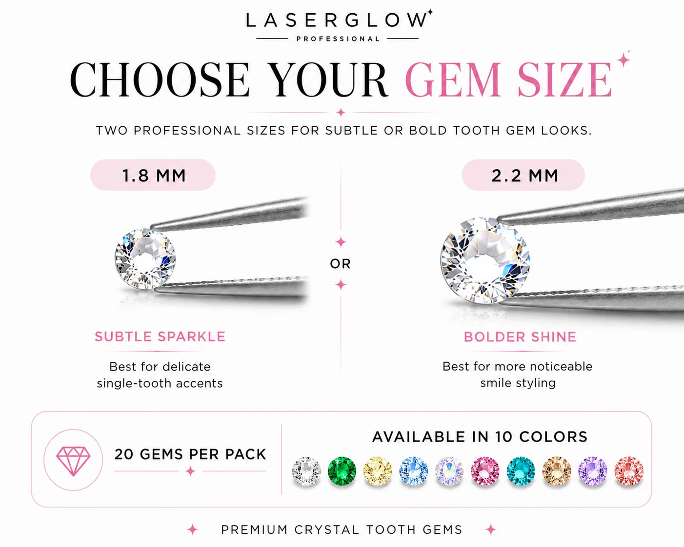LaserGlow crystal tooth gem size guide comparing 1.8 mm and 2.2 mm gems, available in 10 colors.