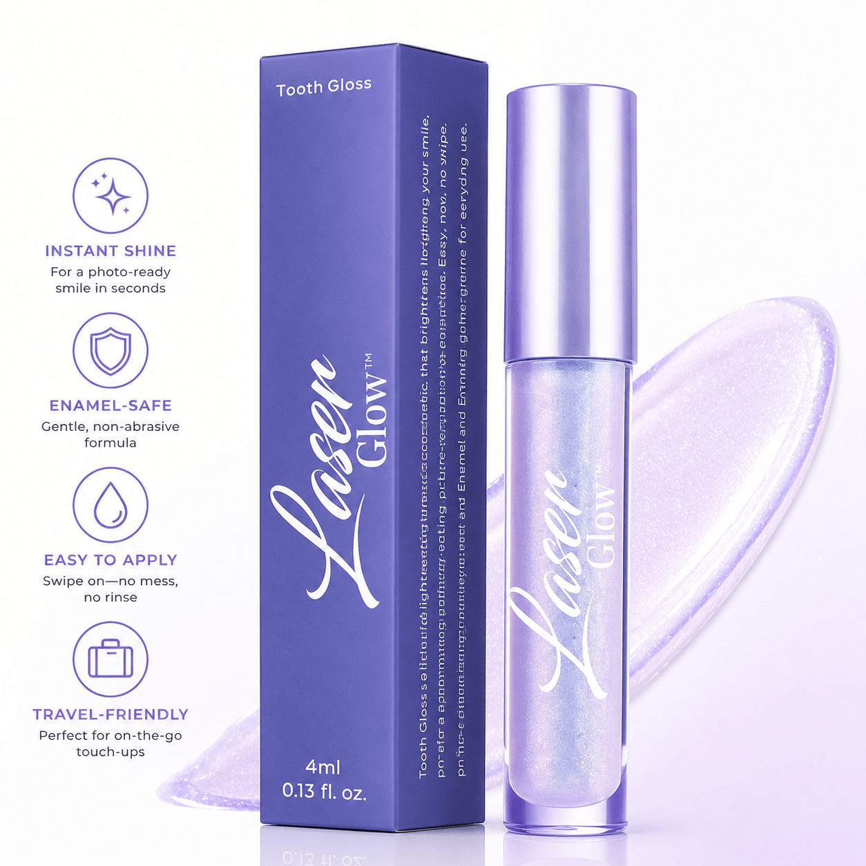 LaserGlow Tooth Gloss cosmetic teeth top coat with lavender tube and box for instant shine and photo-ready smile