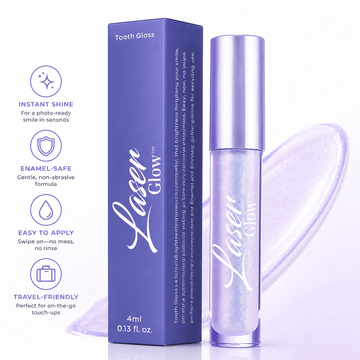 LaserGlow Tooth Gloss cosmetic teeth top coat with lavender tube and box for instant shine and photo-ready smile