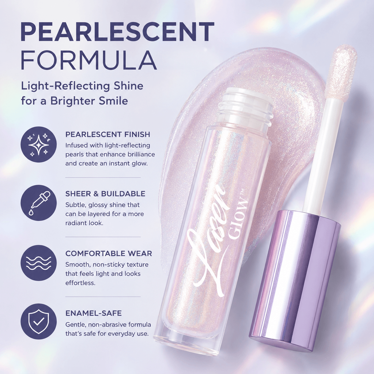 LaserGlow Tooth Gloss pearlescent formula with light-reflecting shimmer, applicator wand, and glossy cosmetic teeth top coat texture