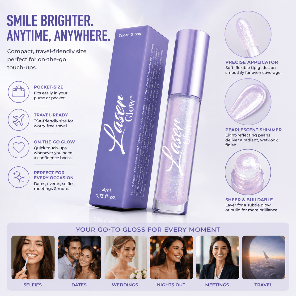 LaserGlow Tooth Gloss travel-friendly gallery image showing pearlescent shimmer, precise applicator, pocket-size design, and on-the-go smile touch-up benefits.