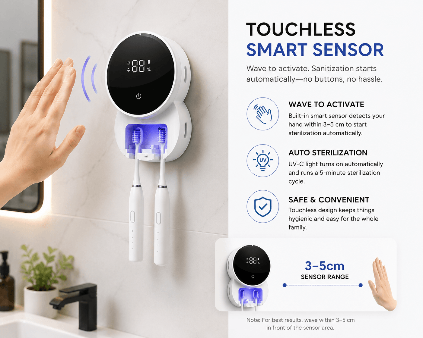 LaserGlow touchless UV toothbrush sanitizer with smart sensor, wave activation, automatic UV-C cleaning cycle, LED display, and wall mounted toothbrush holder