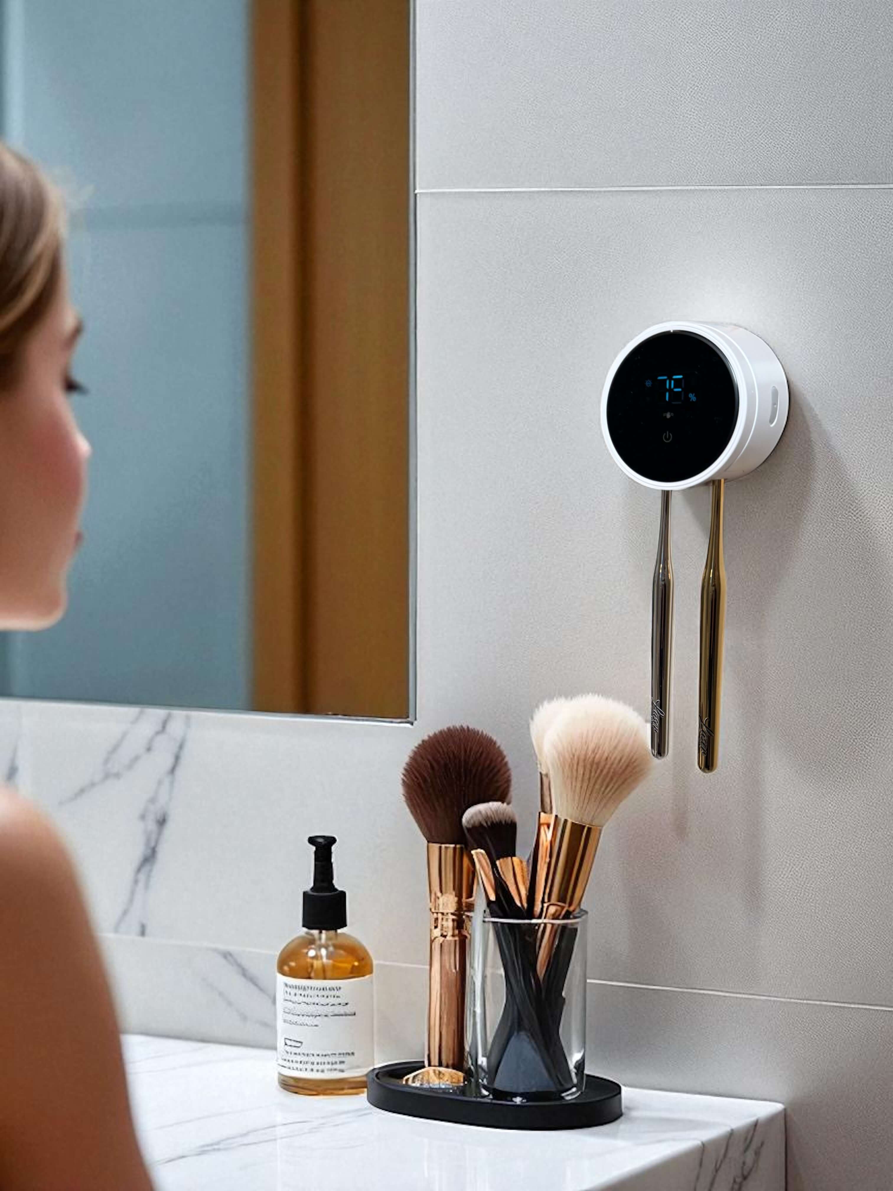 LaserGlow UV sanitizer cleaning a toothbrush and razor for hygienic, bacteria-free oral care and shaving tools