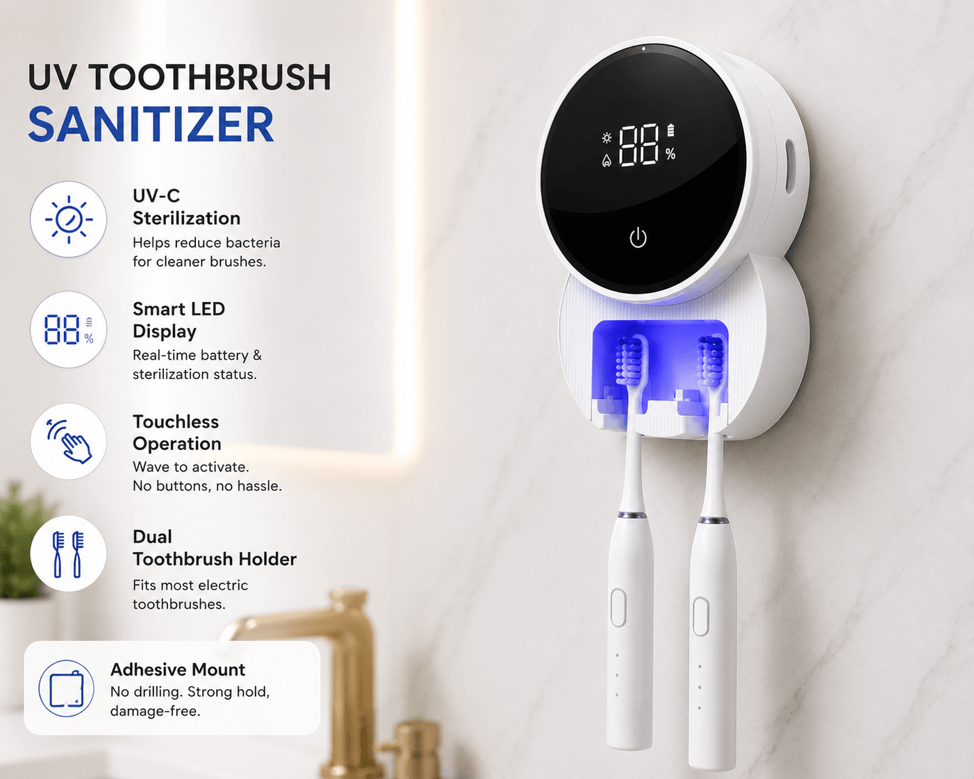 LaserGlow UV toothbrush sanitizer with smart LED display, touchless operation, dual toothbrush holder, adhesive mount, and UV-C cleaning light