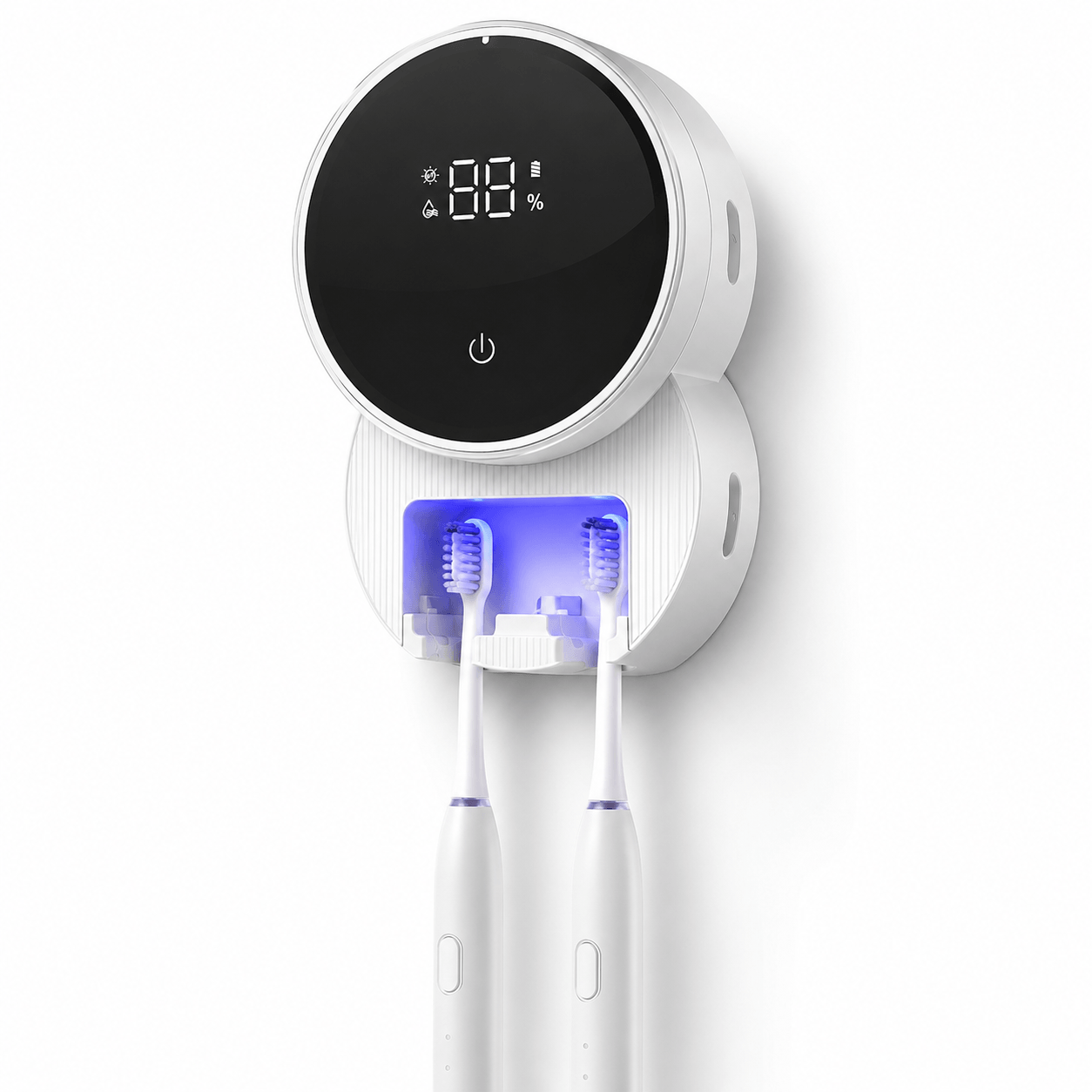 LaserGlow wall mounted UV toothbrush sanitizer with LED display, blue UV light, and dual electric toothbrush holder for bathroom oral care