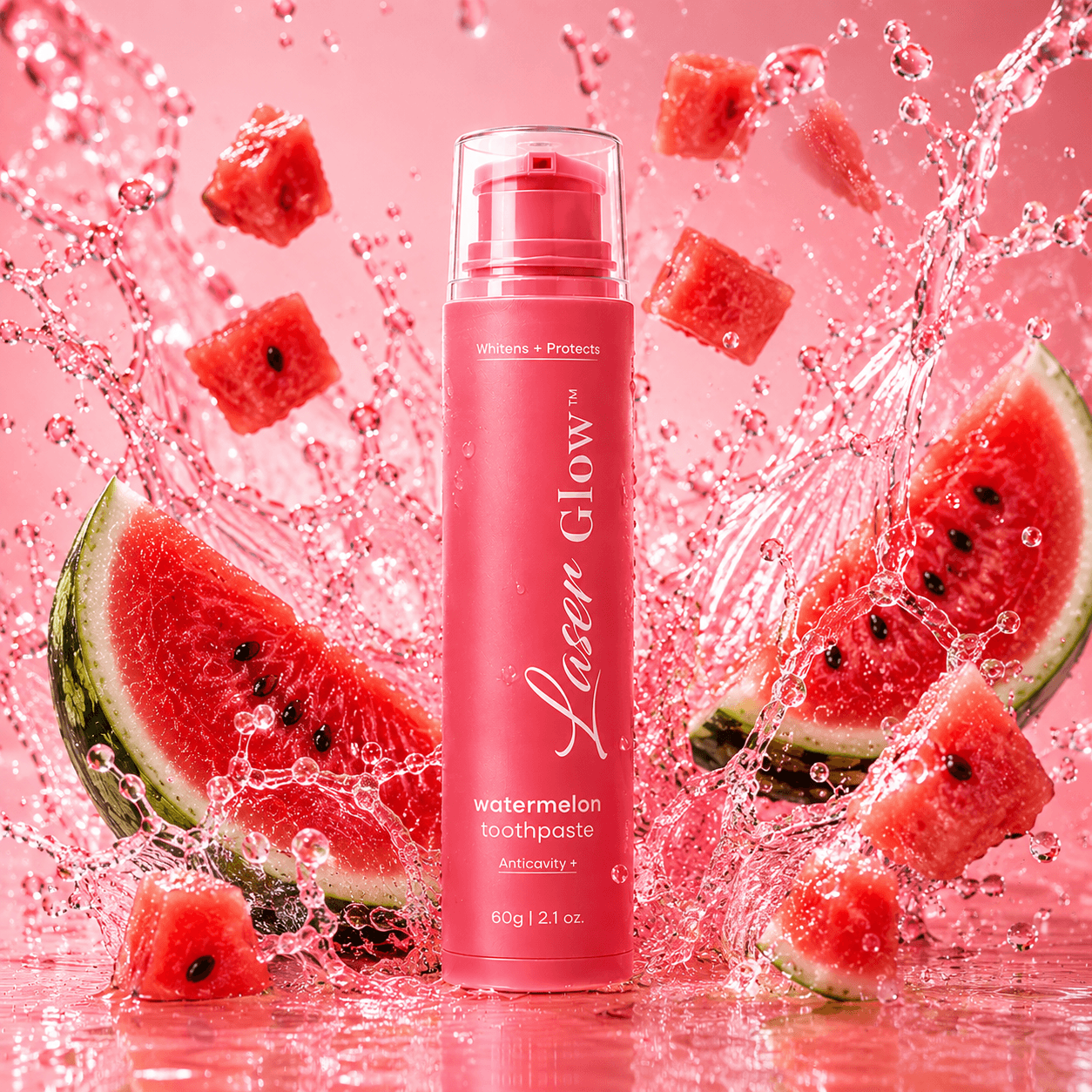 LaserGlow watermelon fluoride toothpaste with fresh watermelon splash.