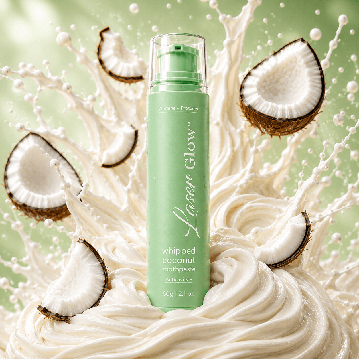 LaserGlow whipped coconut fluoride toothpaste with creamy coconut splash and fresh green bottle for daily whitening and cavity protection