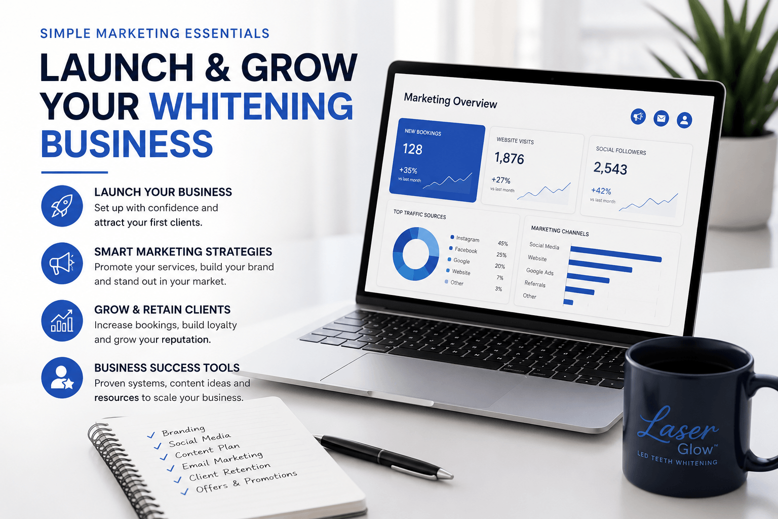 LaserGlow teeth whitening business training image showing simple marketing essentials, launch strategy, client growth, bookings dashboard, branding, and retention tools