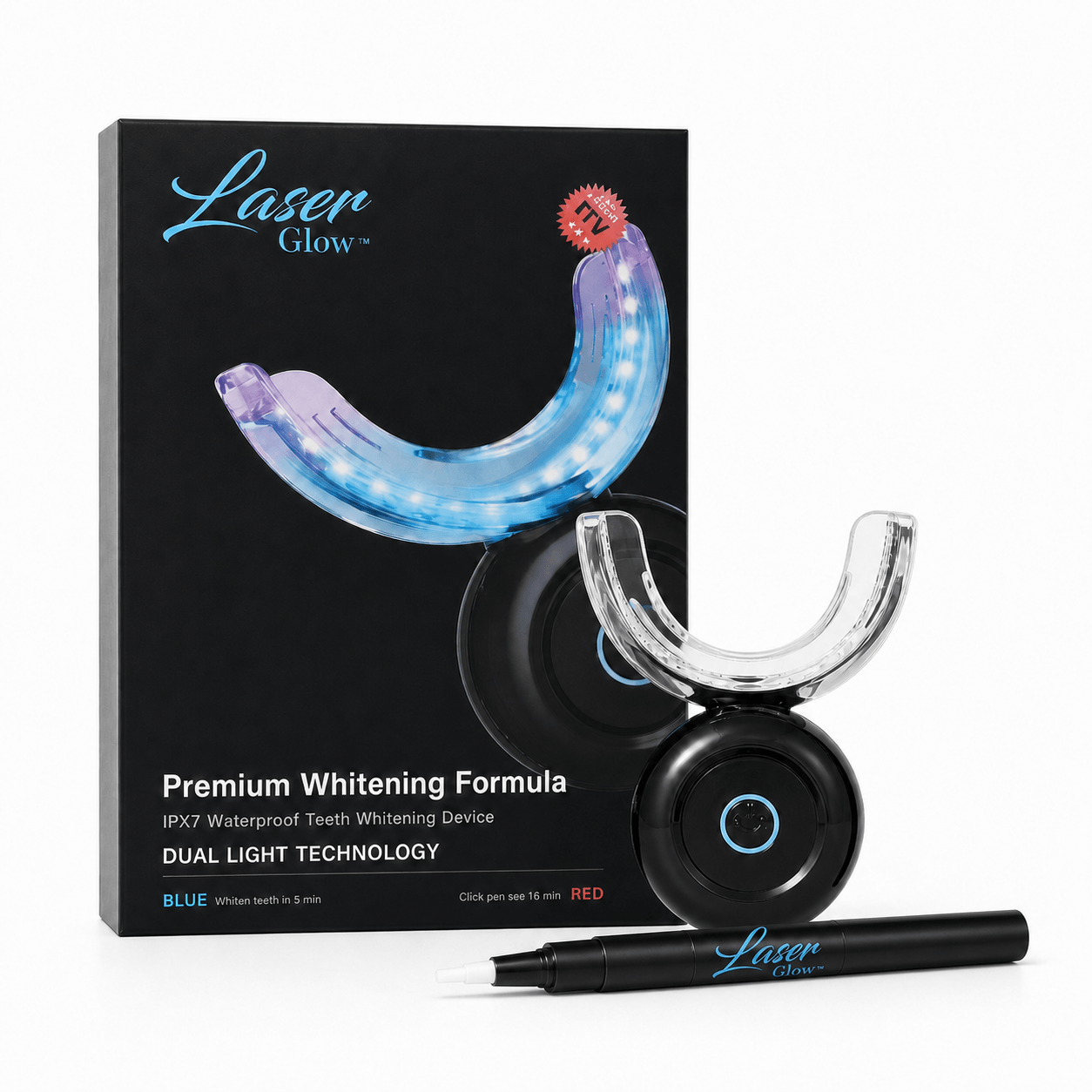 LaserGlow wireless dual-light LED teeth whitening kit with mouth tray, controller and branded whitening pen
