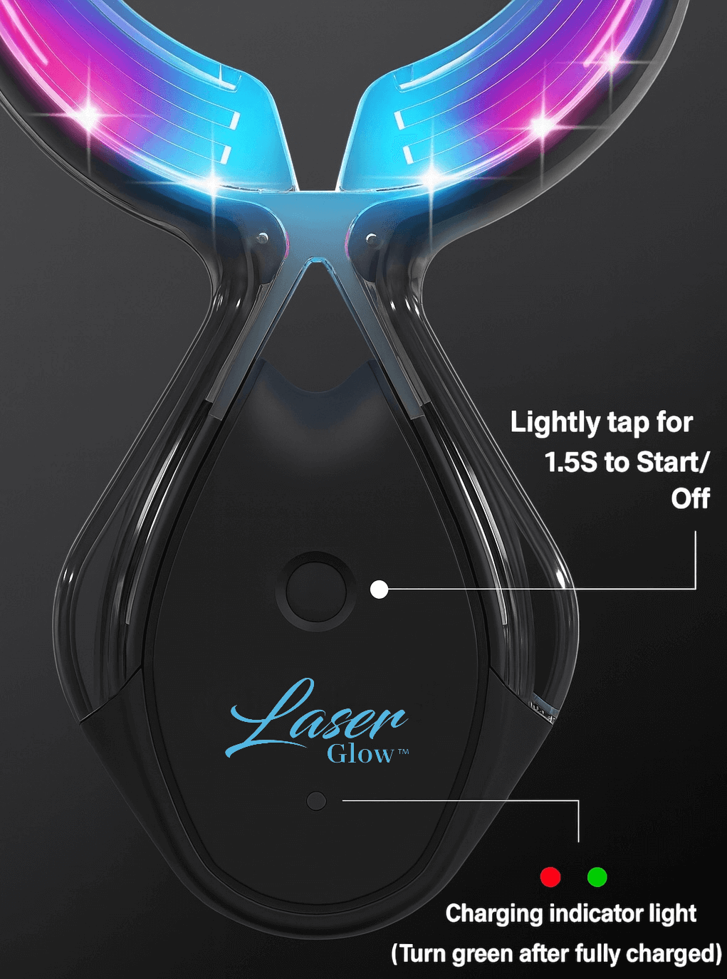 LaserGlow wireless LED teeth whitening device showing blue and red light therapy, start button, and charging indicator for safe effective whitening